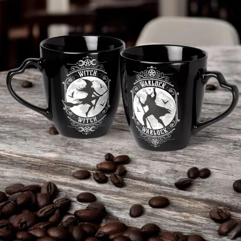 Alchemy Gothic ✦ Witch & Warlock Mug Set ✦ Black Fine Bone China Moon & Bat NWT